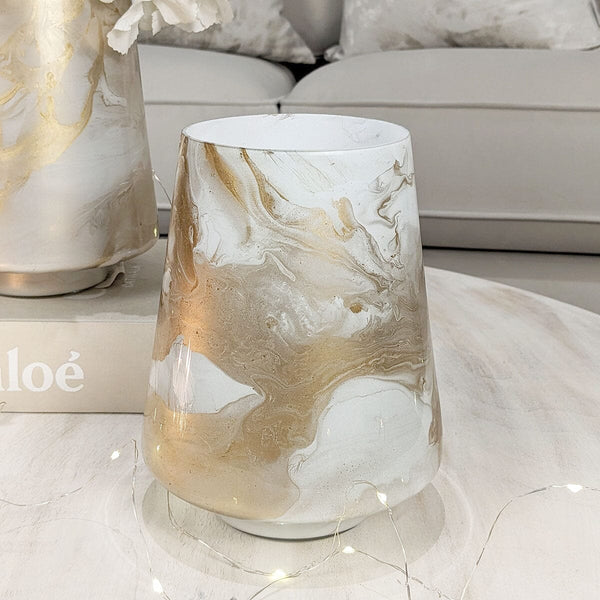 Nolan Petite Marble White & Gold Hurricane Candle Holder / Vase Accessories 