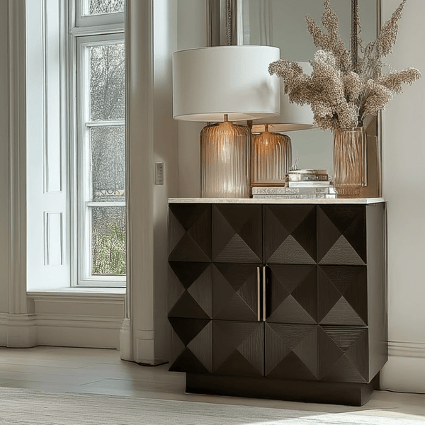 Norah Deep Brown 2 Door Sideboard with Travertine Top Furniture 