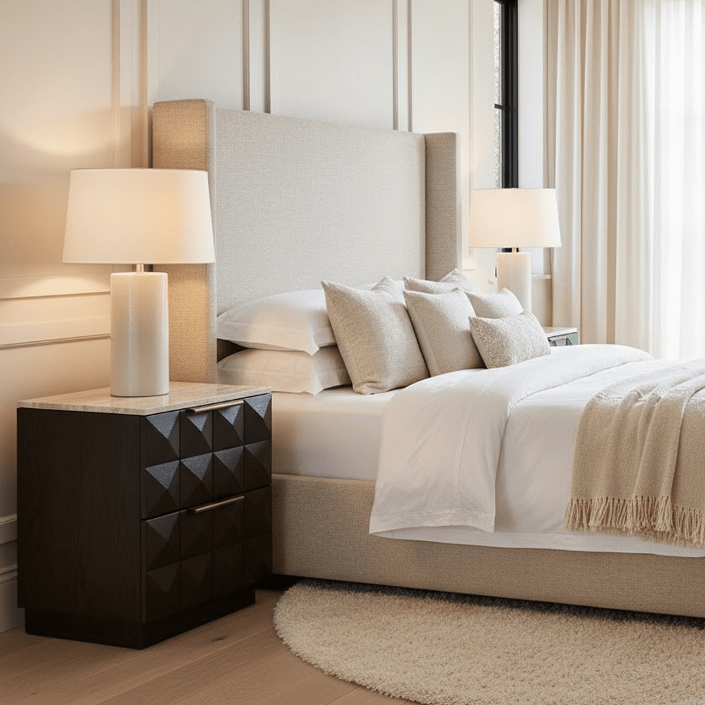 Norah Deep Brown 2 Drawer Bedside Table with Travertine Top – Rowen Homes