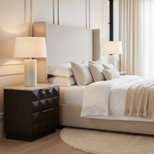 Norah Deep Brown 2 Drawer Bedside Table with Travertine Top Furniture 