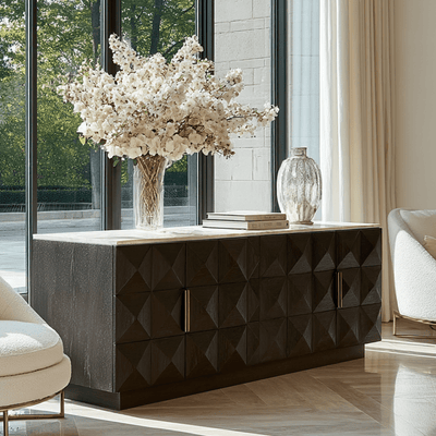 Norah Deep Brown 4 Door Sideboard with Travertine Top Furniture 