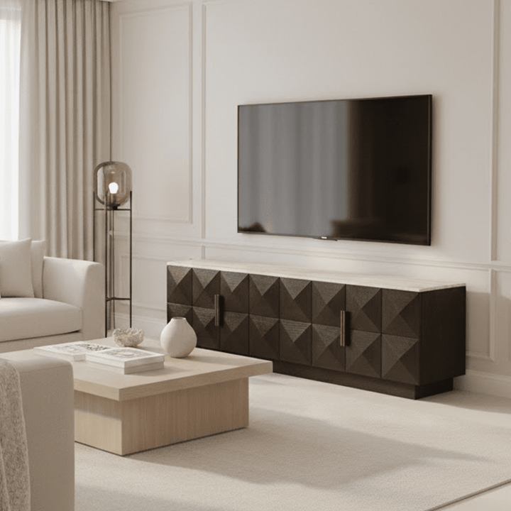 Norah Deep Brown 4 Door TV Unit with Travertine Top Furniture 