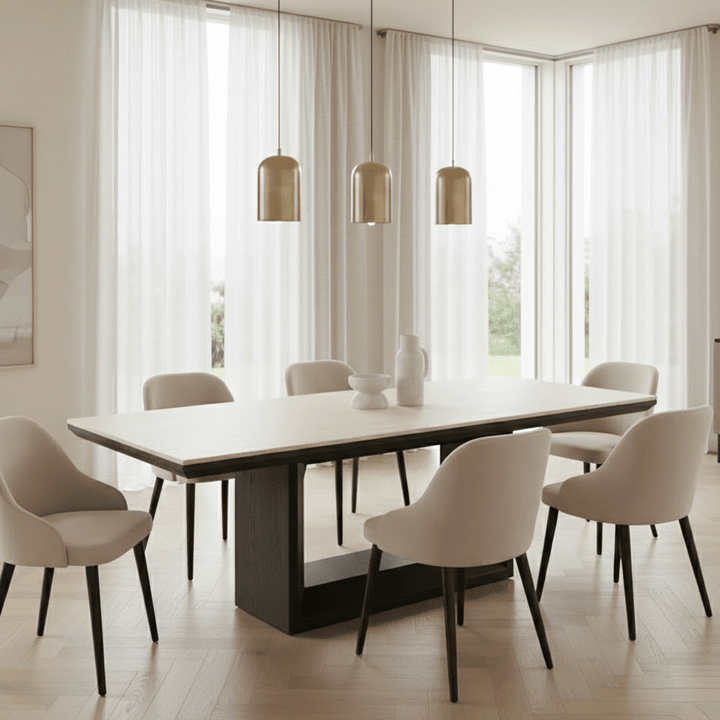 Norah Deep Brown Rectangular Dining Table with Travertine Top Furniture 