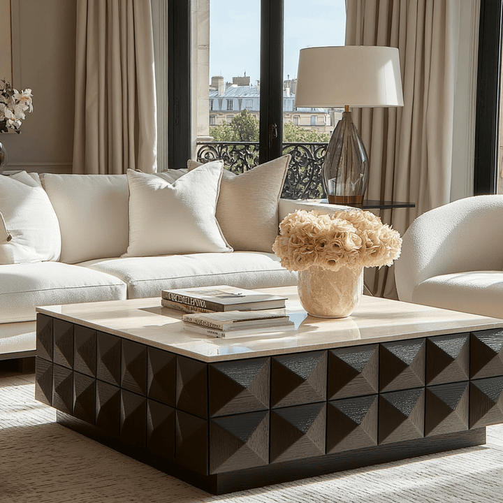 Norah Deep Brown Square Coffee Table with Travertine Top Furniture 