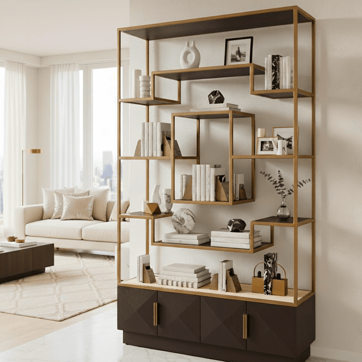 Norah Luxury Deep Brown & Brass Shelving Unit Furniture 