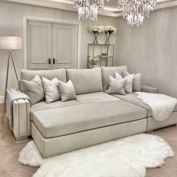 Olivia Premium Smoke Grey Sofa Range with Studs Sofa Large Corner Sofa - Right Hand Facing 