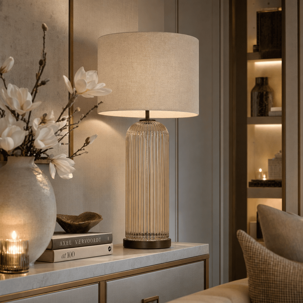 Olympia Tall Ribbed Glass & Bronze Table Lamp Lighting 