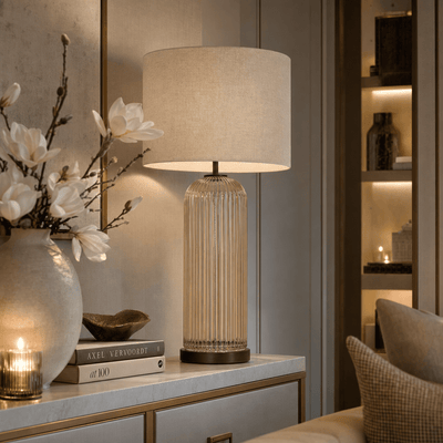 Olympia Tall Ribbed Glass & Bronze Table Lamp Lighting 