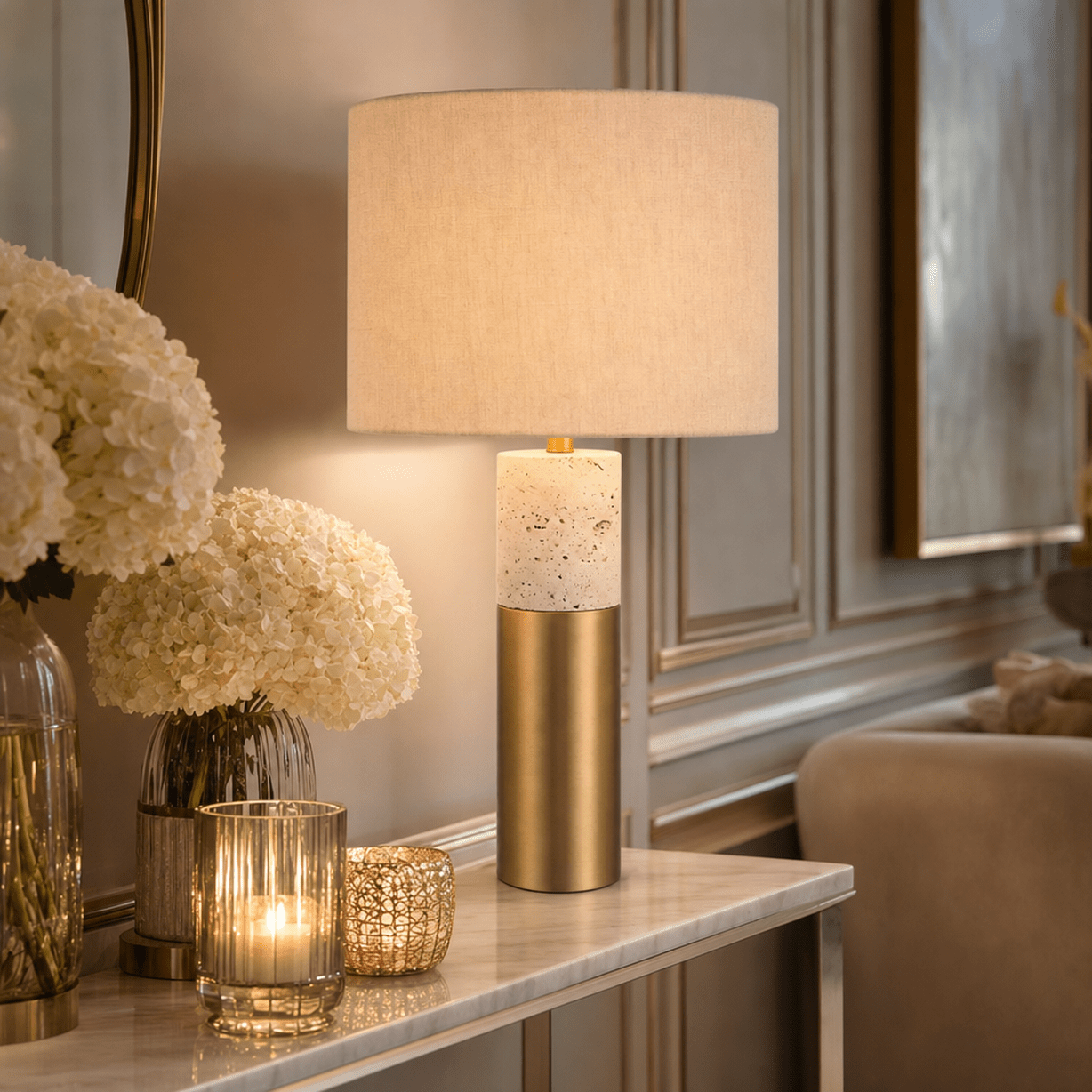 Panna Gold & Stone Table Lamp with Linen Shade Lighting 