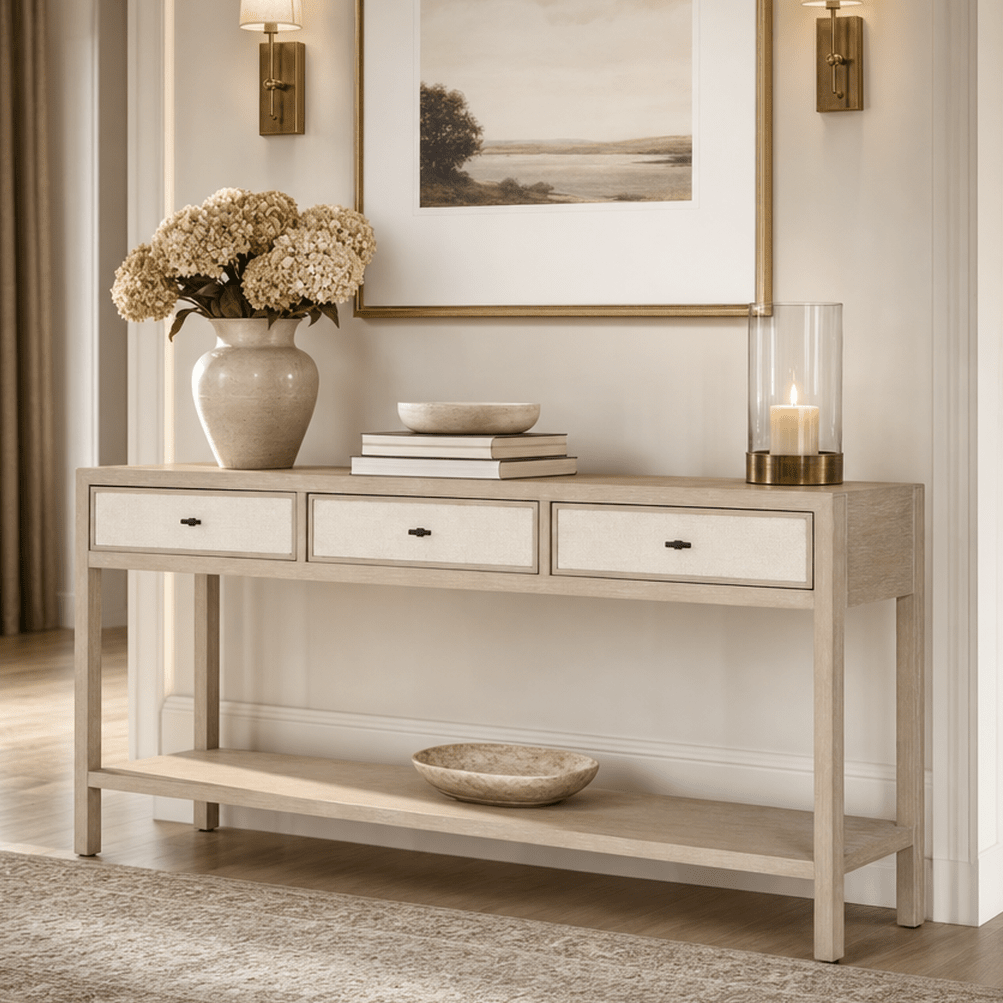 Paradigm Light Oak & Linen 3 Drawer Console Table Furniture 
