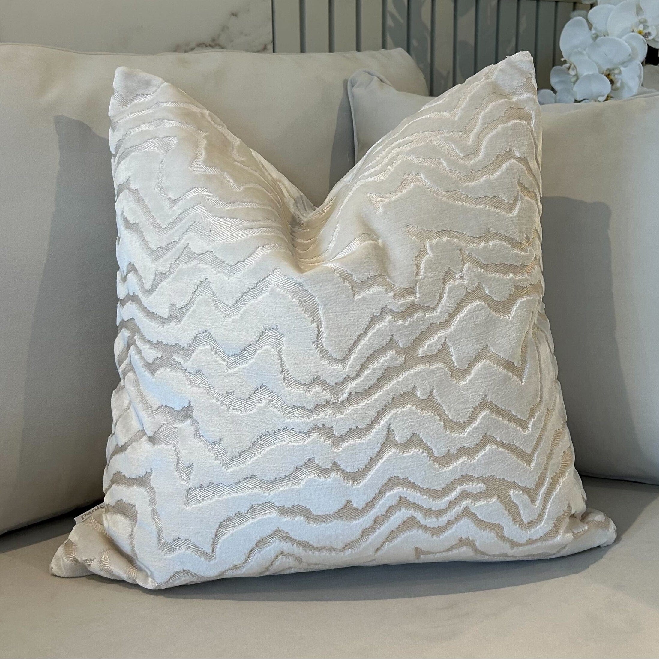Polter White Velvet Pattern Feather Filled Cushion - 50x50cm