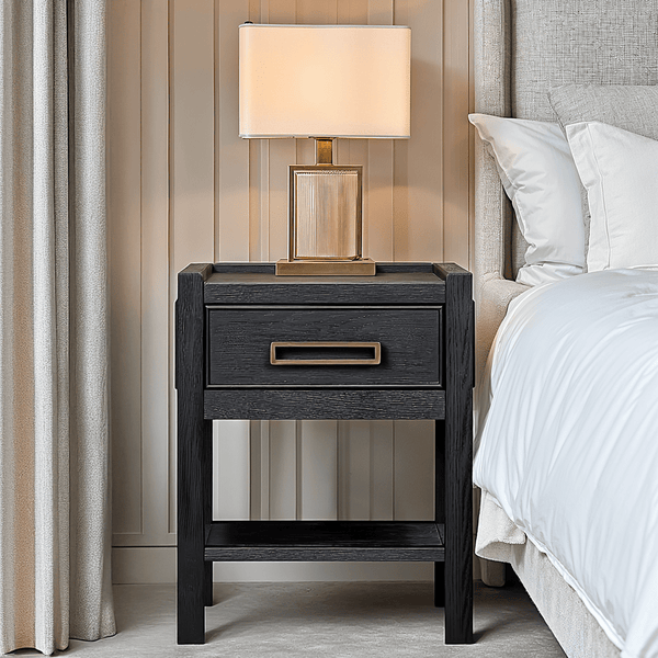 PRE ORDER - Soho Black Oak Veneer 1 Drawer Bedside Table Furniture 