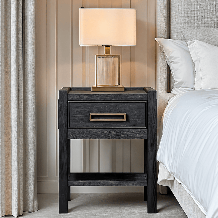 PRE ORDER - Soho Black Oak Veneer 1 Drawer Bedside Table Furniture 