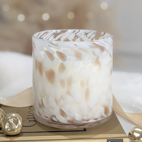 Quinn Fresh Linen Scented White & Gold Patterned Glass Candle Fragrance 