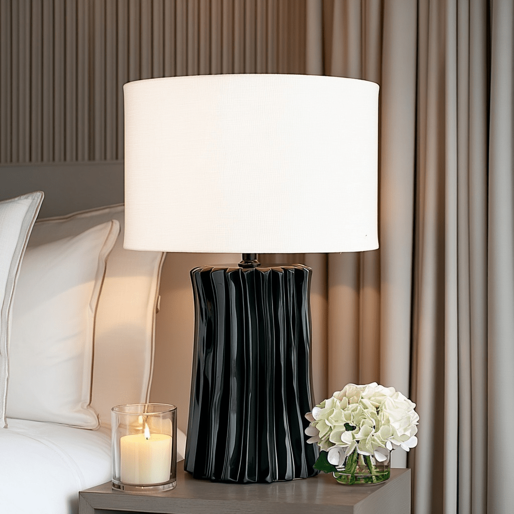 Raelynn Black Pleated Table Lamp with White Linen Shade Lighting 
