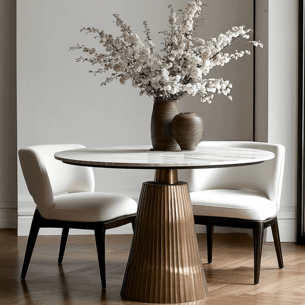 Rezina Antique Bronze Ribbed Round Dining Table with Taupe Marble Top Furniture 