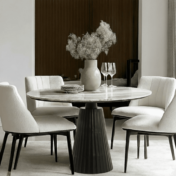 Rezina Matt Black Ribbed Round Dining Table with Taupe Marble Top Furniture 