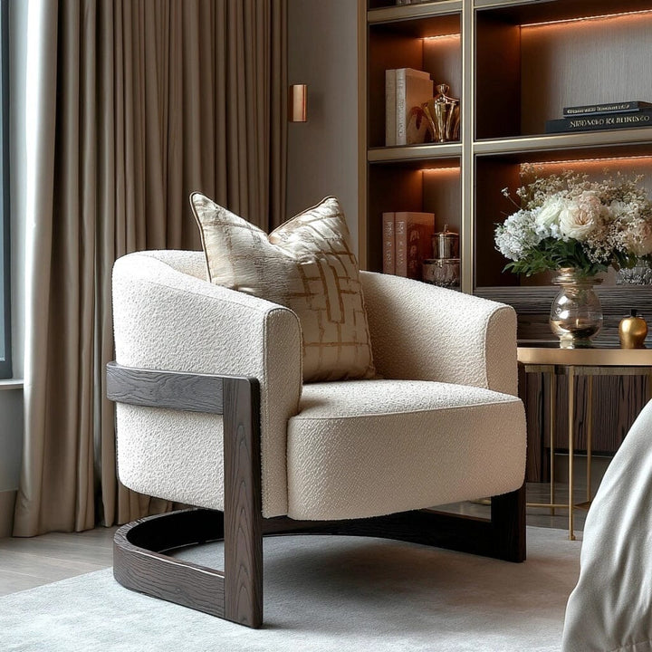 Richmond Neutral Boucle Curved Chair with Walnut Detailing Furniture 