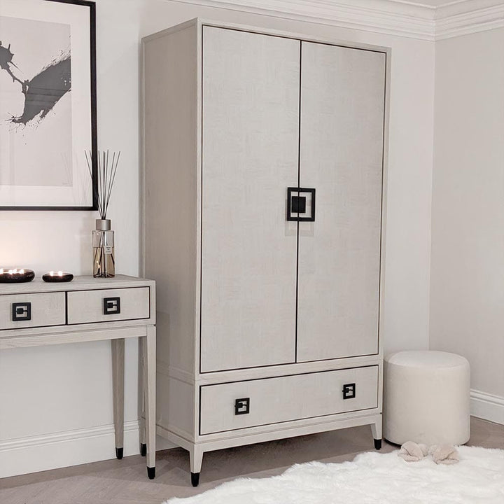 Rosa White Wash Oak Veneer Double Wardrobe with Drawer Furniture 