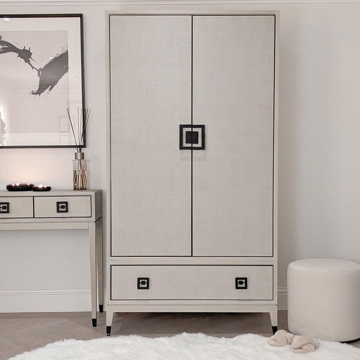 Rosa White Wash Oak Veneer Double Wardrobe with Drawer Furniture 