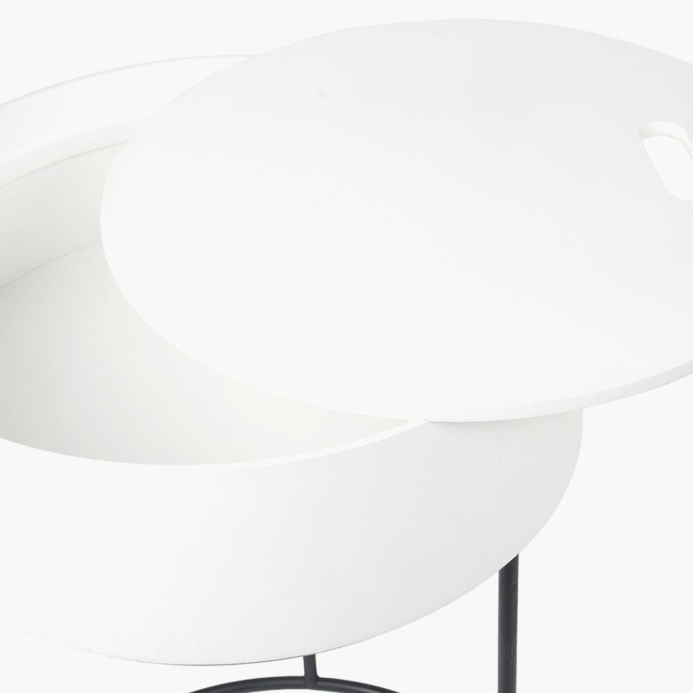 Rosolini White Wood Veneer & Black Metal Storage Side Table Furniture 