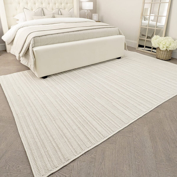 Salcombe Ivory Woven Striped Textured Rug Textiles 