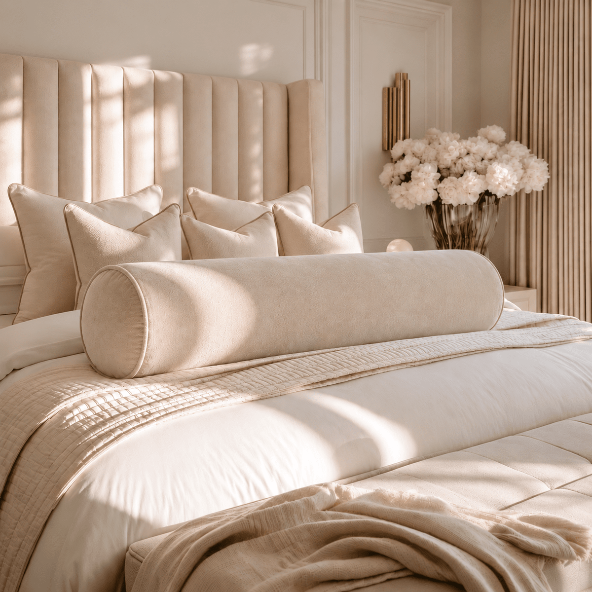 Samaria Large Cream Velvet Rounded Bolster Cushion Textiles 