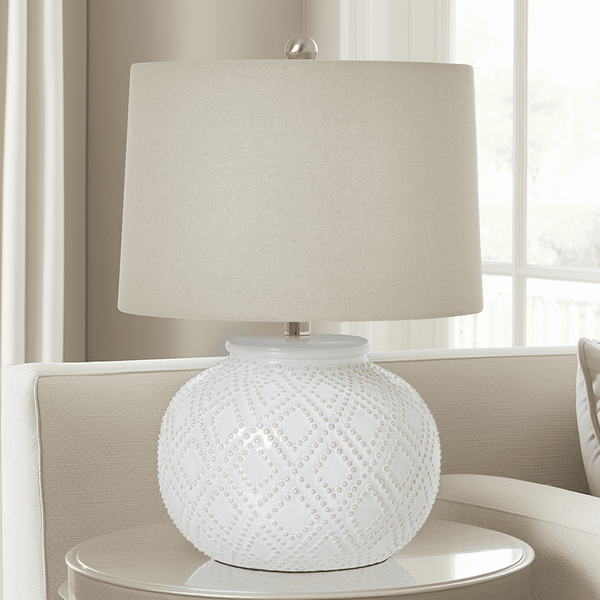 Sanderson Ceramic Beaded Rounded Table Lamp with Linen Shade Lighting 