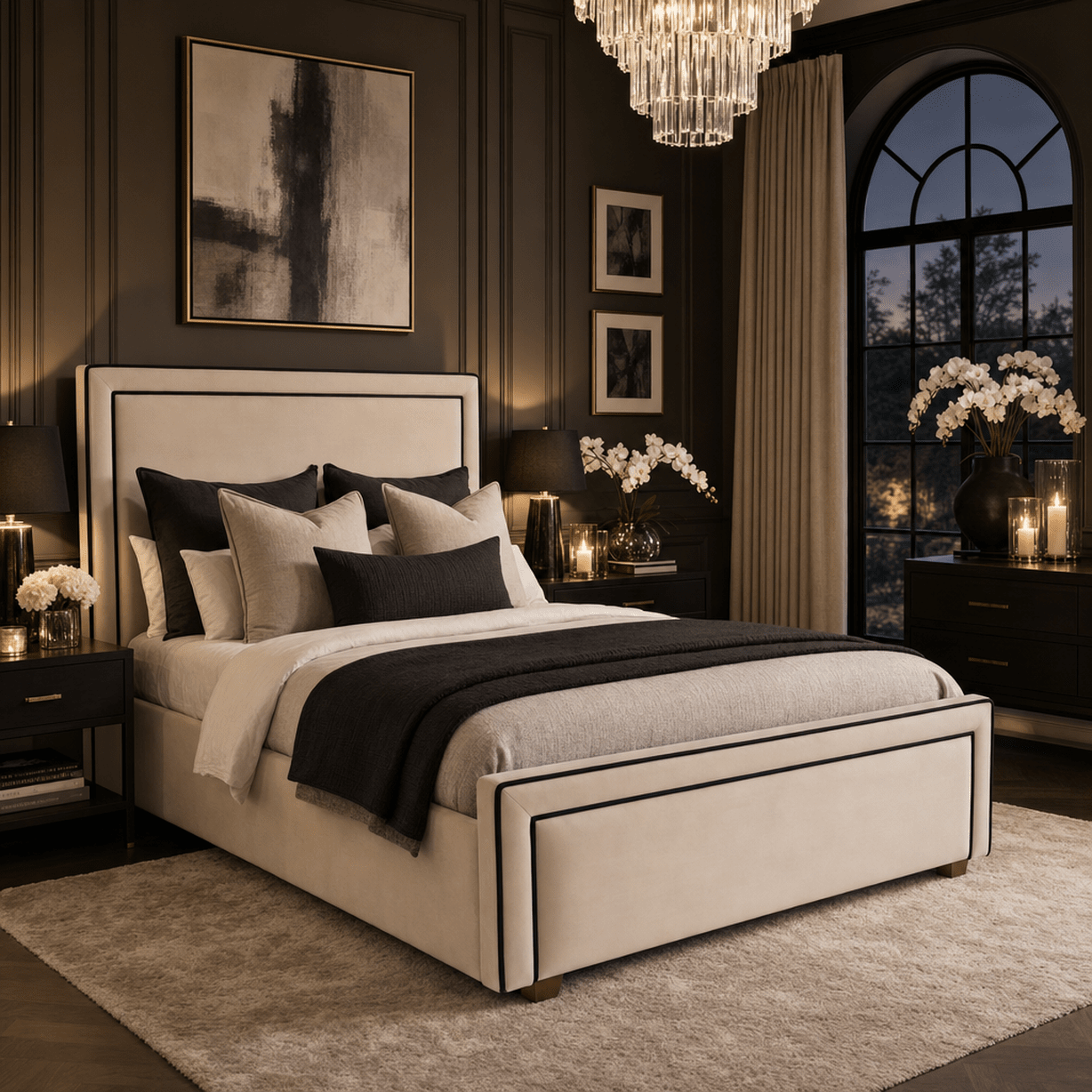 Sandro Vanilla Velvet Luxury Bed with Black Accent Border Beds and Headboards 