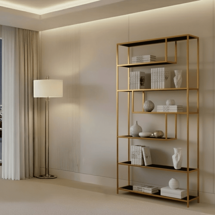 Sannia Matt Black & Gold Shelving Unit Furniture 