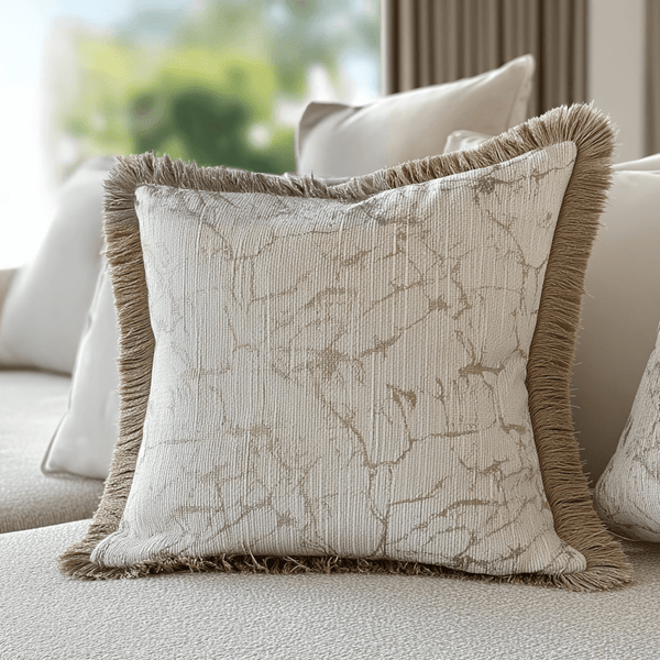 Saphira Cream Marble Effect Cushion with Fringe Detail - 43x43cm Accessories 