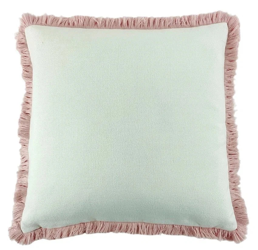 Scarlett Off White Textured Cushion with Pink Fringing Detail - 56x56cm Textiles 