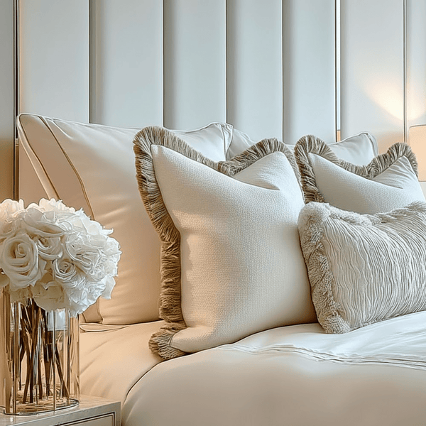 Scarlett Off White Textured Cushion with Taupe Fringing Detail - 56x56cm Textiles 