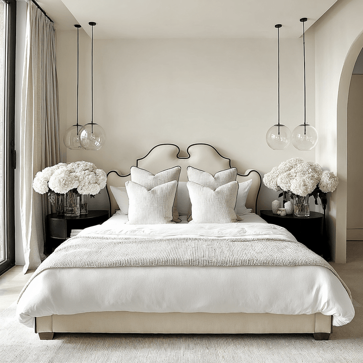 Seraphina Vanilla Velvet Statement Curved Bed with Black Piping Detail Beds and Headboards 