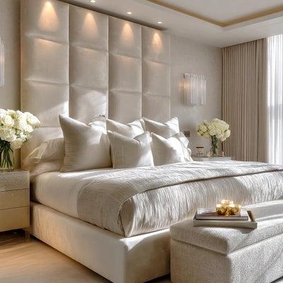 Serene Cream Velvet Luxury Cubed Upholstered Headboard Beds and Headboards 