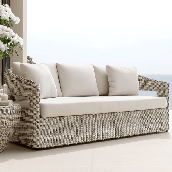 Seychelles Outdoor Cream & Natural Rattan Curved 3 Seater Sofa Outdoor 