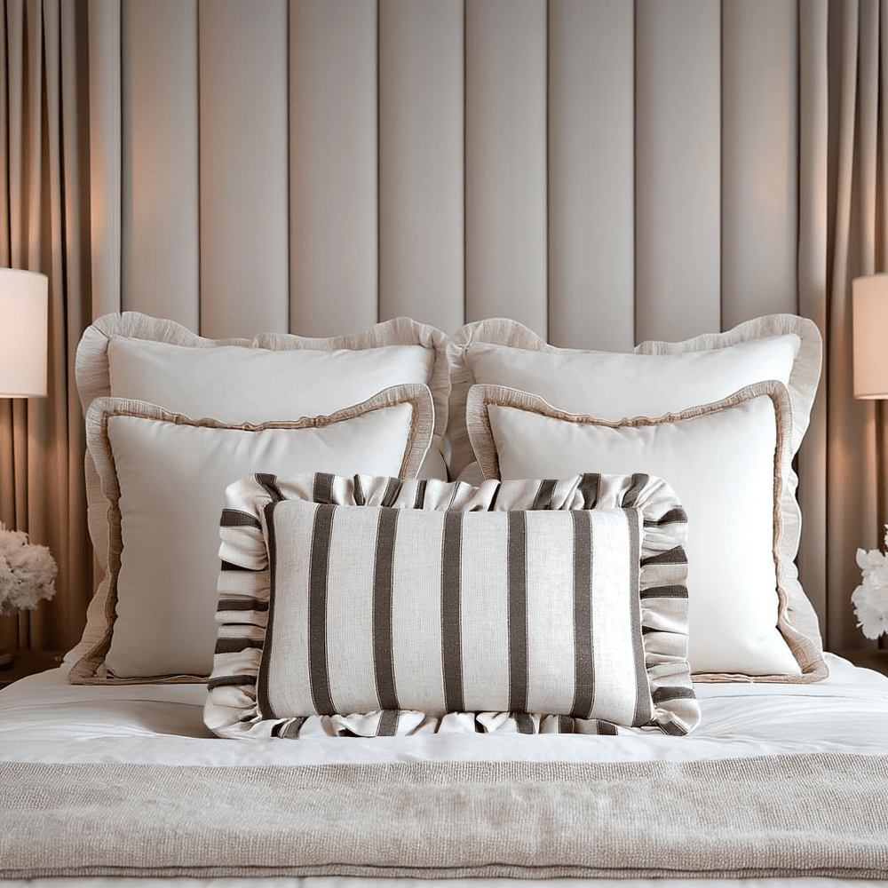 Sheline Chocolate Striped Bolster Cushion with Frilled Edge Textiles 