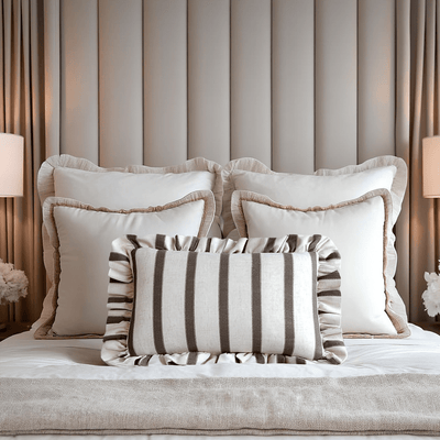 Sheline Chocolate Striped Bolster Cushion with Frilled Edge Textiles 