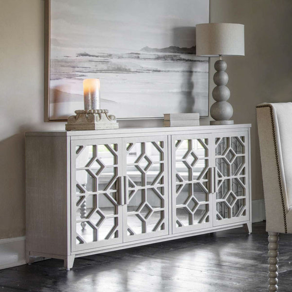 Sienna Whitewash Wooden 4 Door Mirrored Sideboard Furniture 