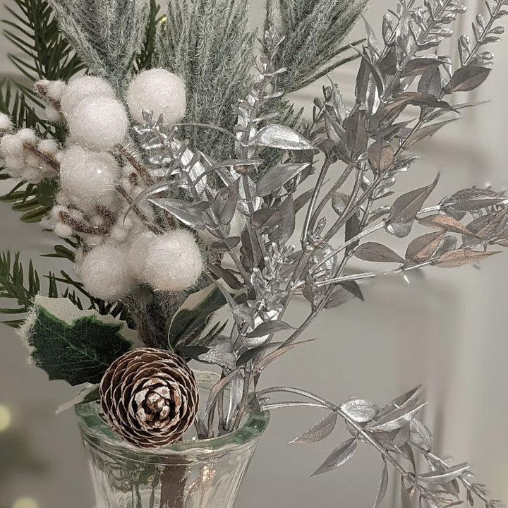 Silver Eucalyptus, Berries & Pine Festive Faux Floral Arrangement in Glass Vase Accessories 