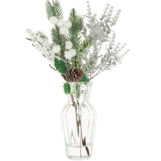 Silver Eucalyptus, Berries & Pine Festive Faux Floral Arrangement in Glass Vase Accessories 