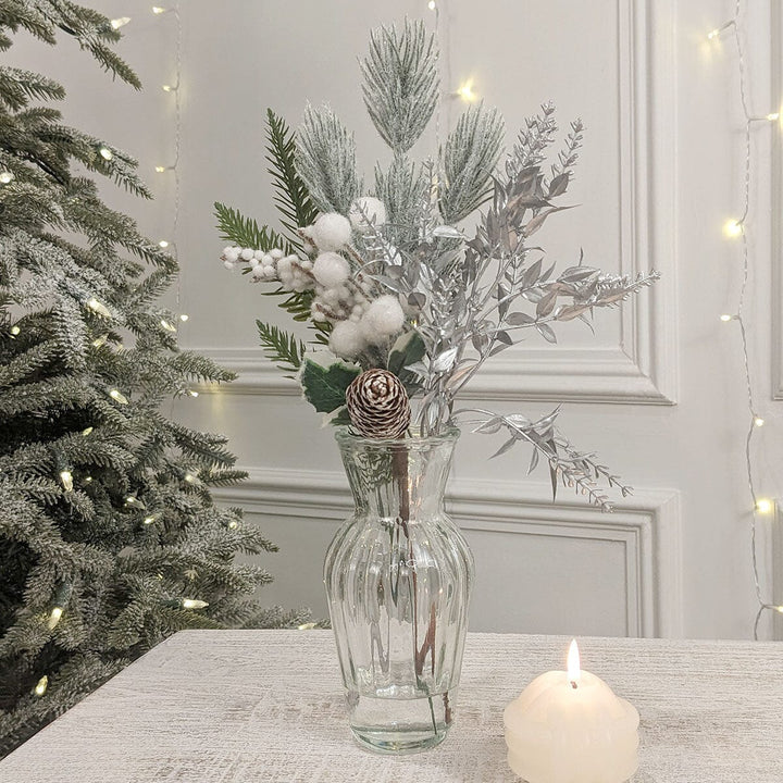 Silver Eucalyptus, Berries & Pine Festive Faux Floral Arrangement in Glass Vase Accessories 