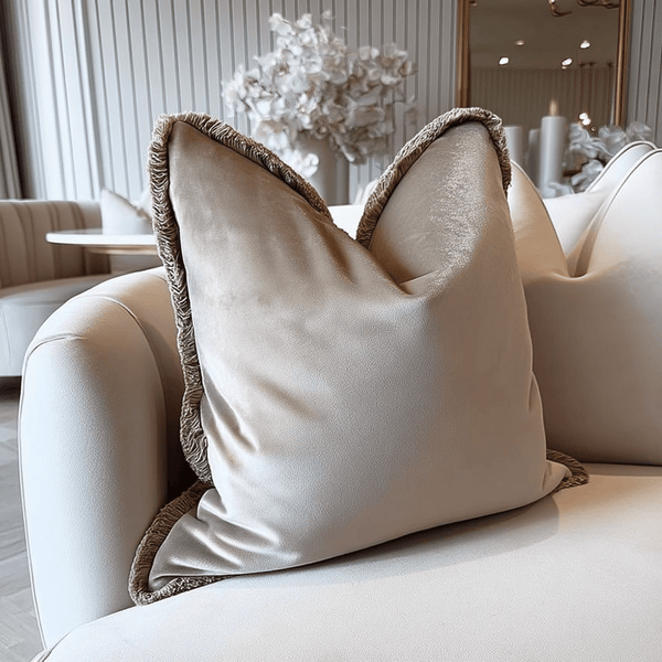 Sinéad Taupe Velvet Cushion with Fringe Detailing - 45x45cm Textiles 