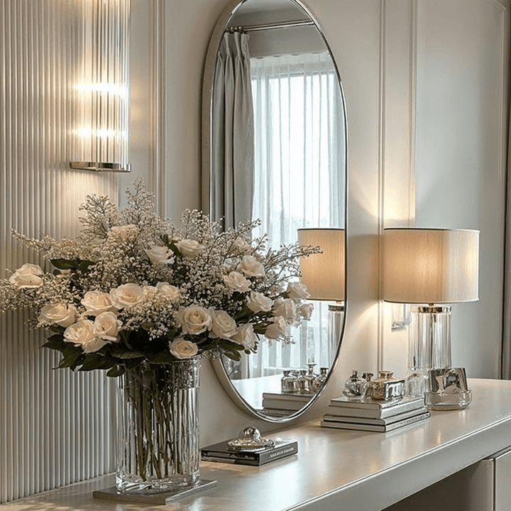 Siona Silver Metal Slim Frame Oval Wall Mirror Accessories 