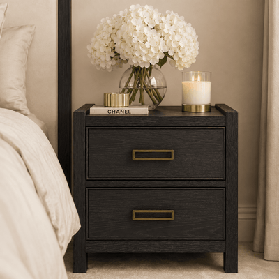 Soho Black Oak Veneer 2 Drawer Bedside Table Furniture 
