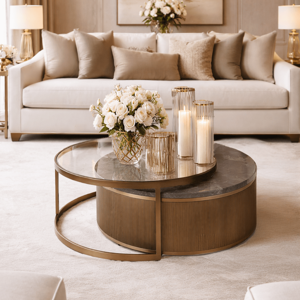 Sovana Antique Brass Nesting Coffee Tables with Grey Marble and Glass Top Furniture 