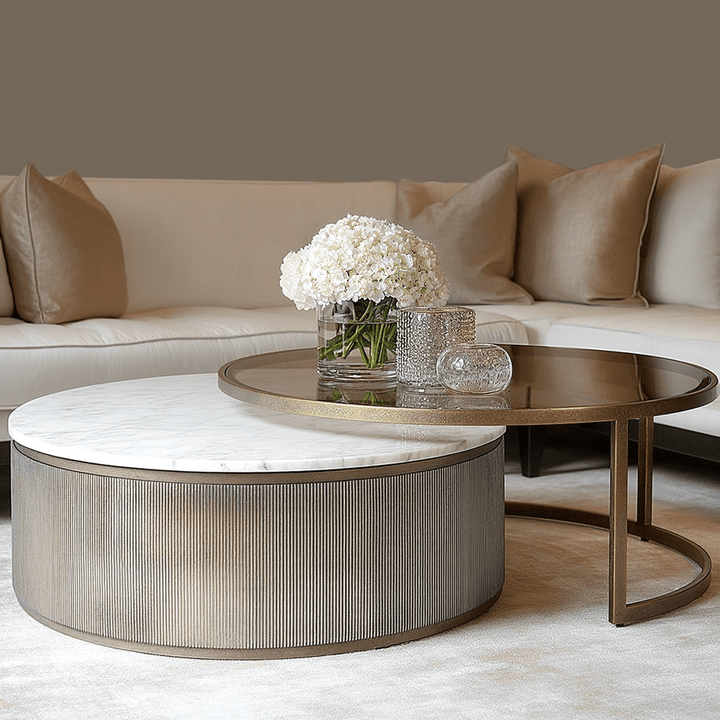 Sovana Antique Brass Nesting Coffee Tables with Marble and Glass Top Furniture 