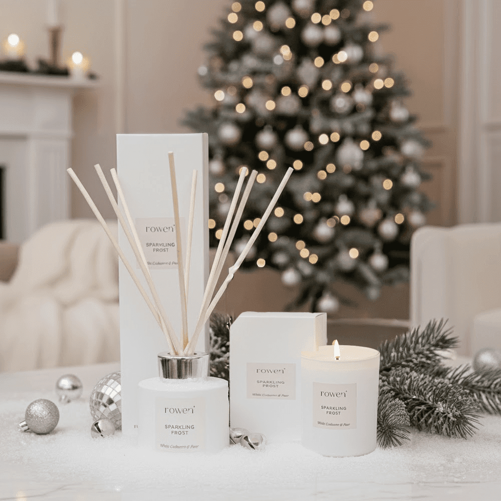 Sparkling Frost White Scented Candle & Reed Diffuser Set - White Cashmere & Pear Fragrance 