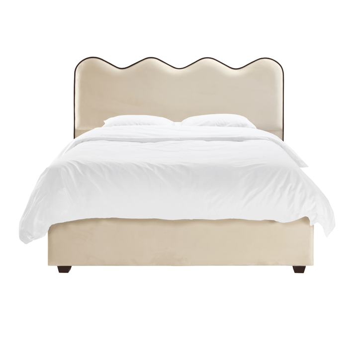 Squiggle Vanilla Velvet Scalloped Bed with Black Piping Detail Beds and Headboards 