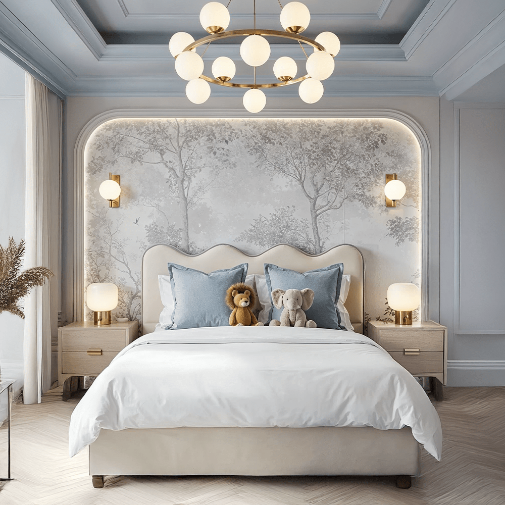 Squiggle Vanilla Velvet Scalloped Bed with Blue Piping Detail Beds and Headboards 